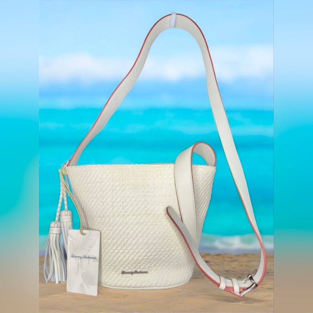 Tommy Bahama White Soft Woven Drawstring Bucket Bag NWT & Basic Dust Bag